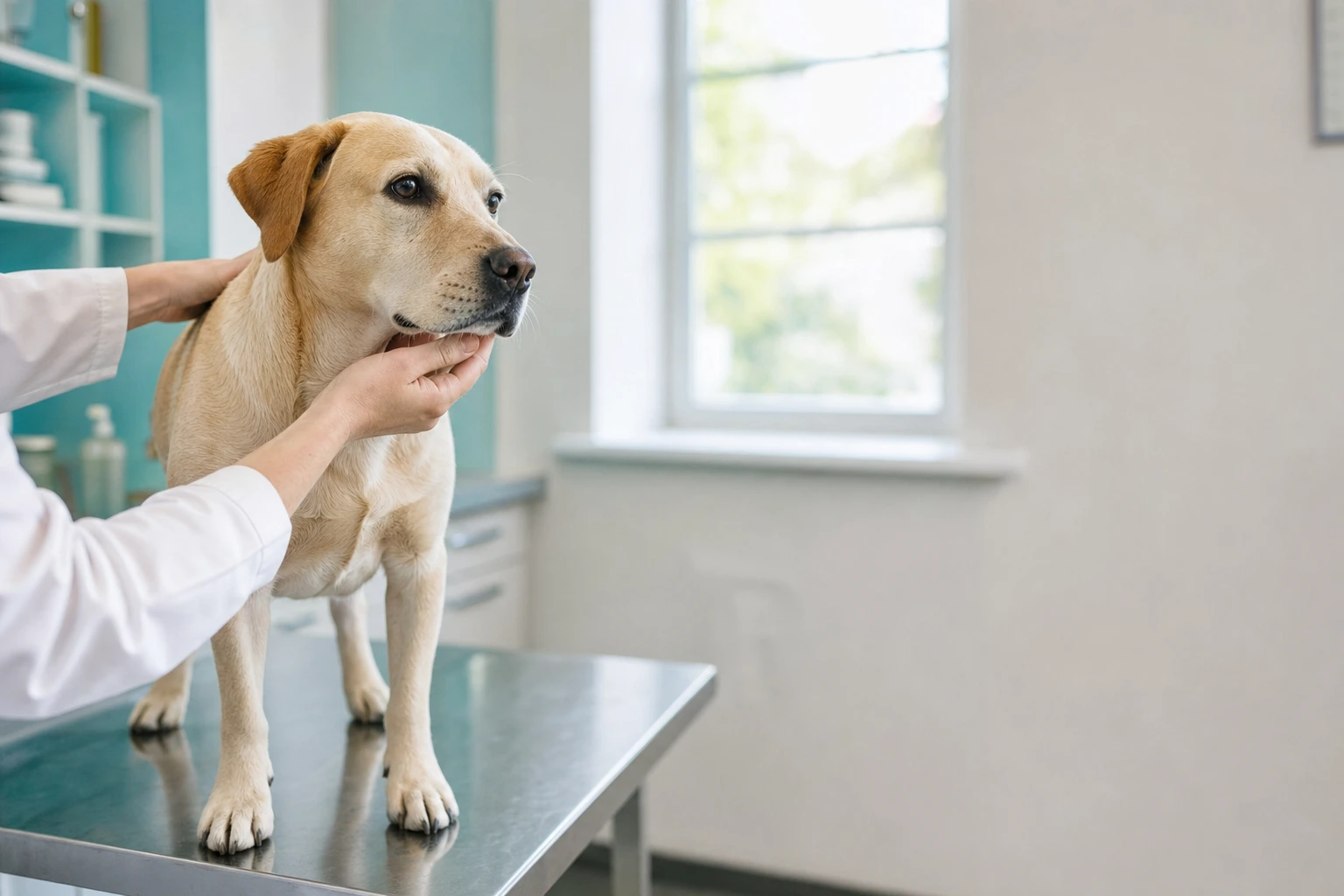 Illustration générique d'un chien examiné calmement par un vétérinaire, sans lien avec un établissement réel